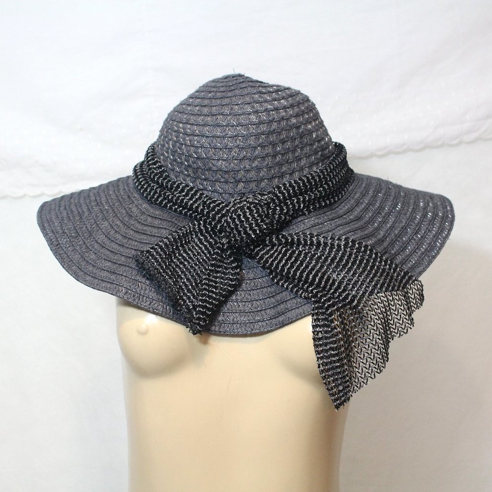 👒Braided Navy Blue Wide-Brim Sun Hat with Mesh Trim Bow👒